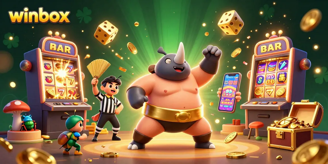 winbox features a dynamic 3D scene with a rhinoceros beetle champion, coins flying, and an exciting jackpot explosion