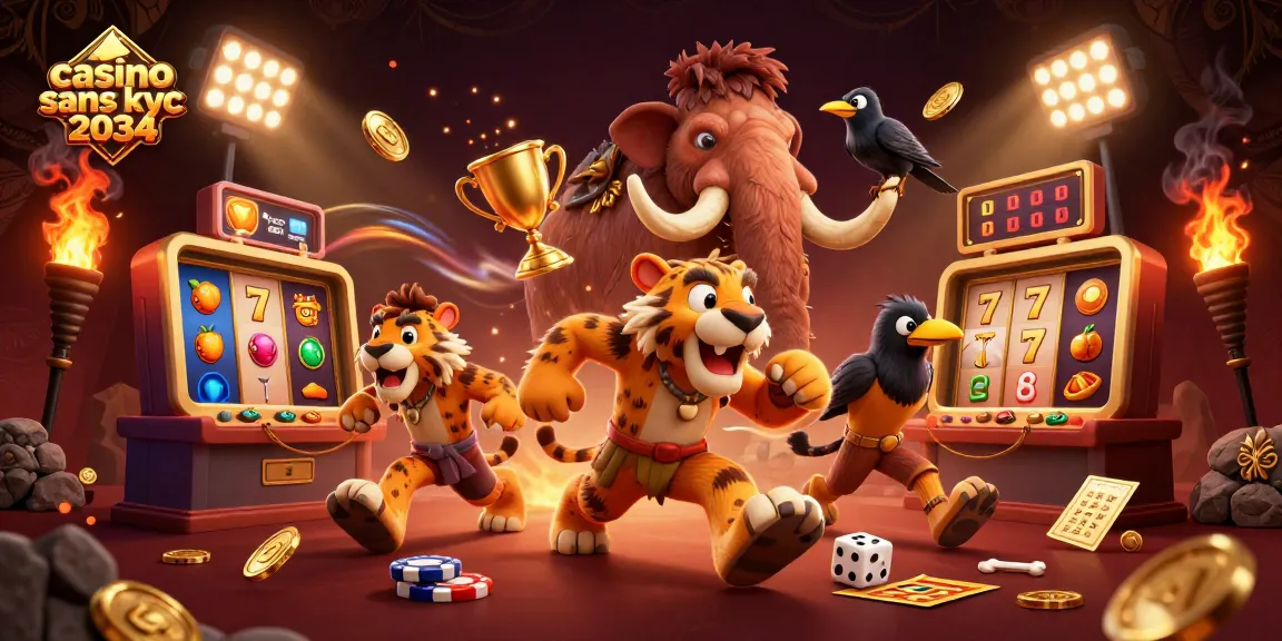 Jeu captivant au casino sans KYC 2034 avec des personnages et éléments dynamiques de casino.