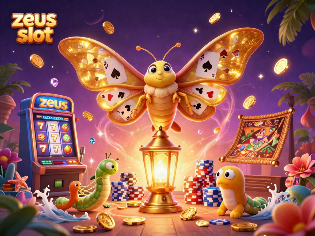 Win big with zeus slot - a colorful illustration of a casino scene with a majestic moth.