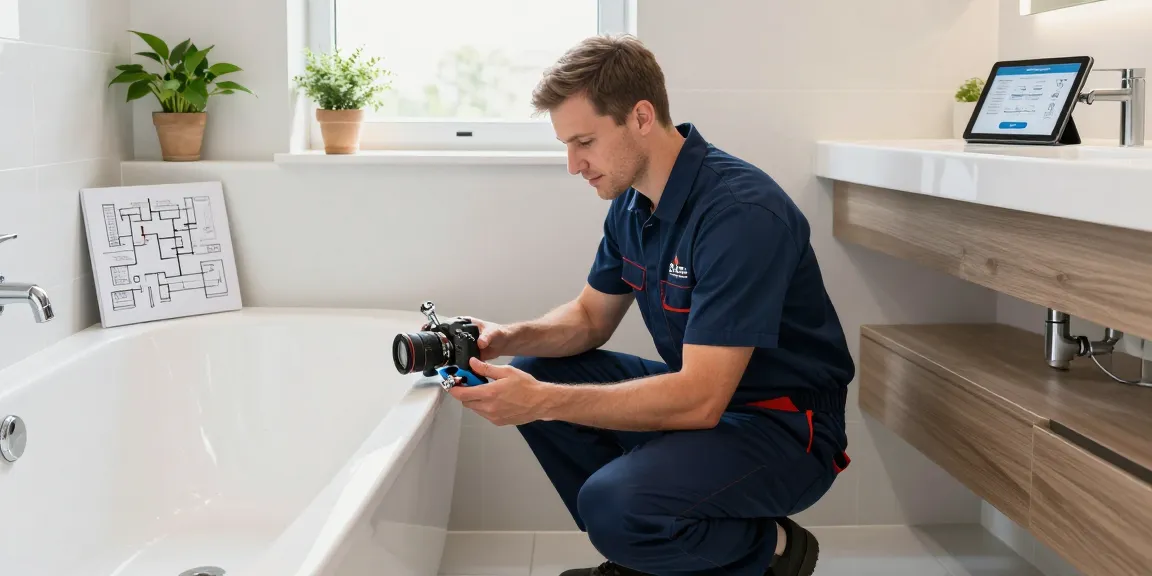Expert Northampton plumber inspecting modern bathroom plumbing system with tools.
