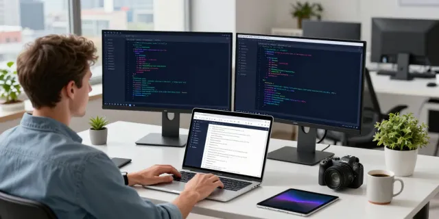 Developer at h5.2113.net working on Android apps in a modern workspace.