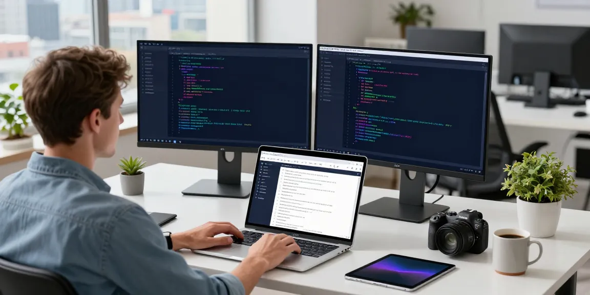 Developer at h5.2113.net working on Android apps in a modern workspace.
