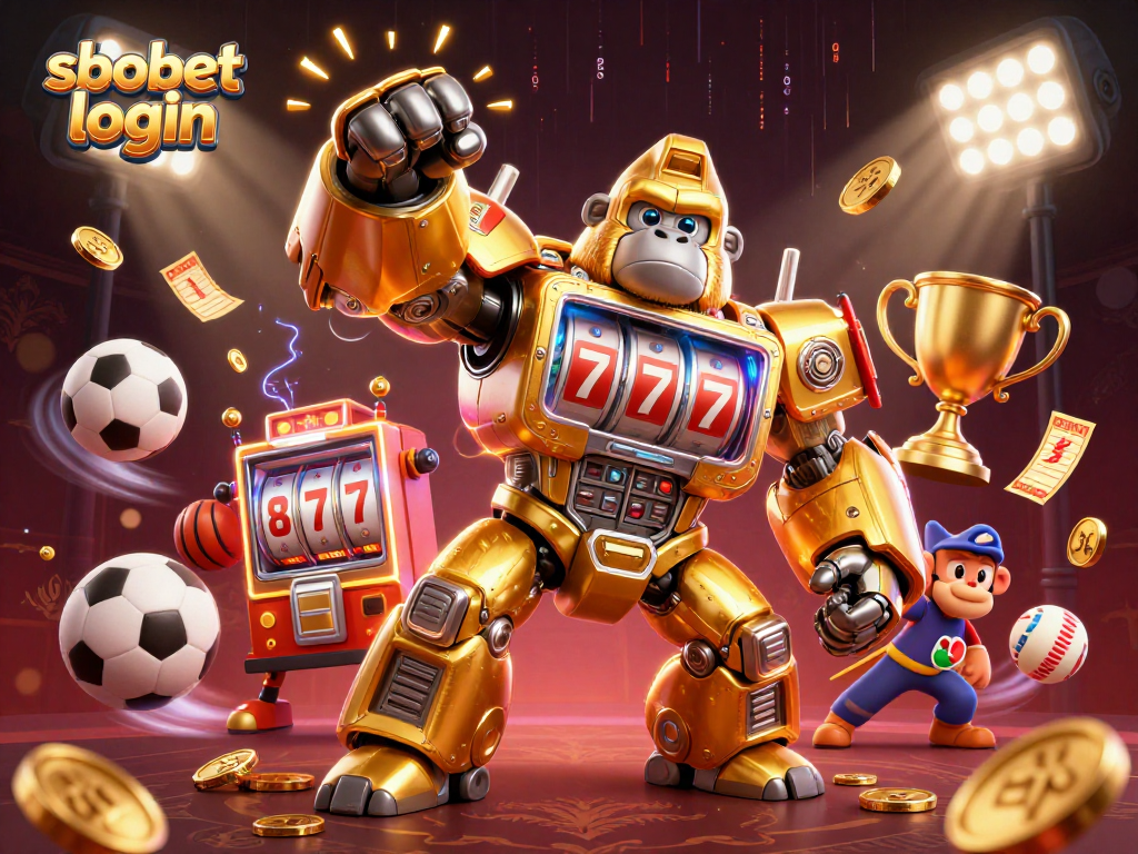 Engage with sbobet login: A vibrant 3D gaming scene featuring a golden gorilla mech and dynamic sports elements.