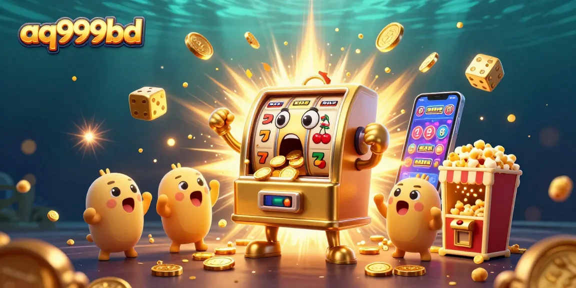 Aq999bd celebrates a jackpot moment with a golden slot machine surrounded by cheering mini slot machines and a popcorn machine.