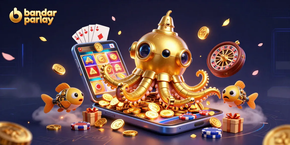 Engage with bandar parlay in a vibrant 3D scene of golden kraken and casino elements.