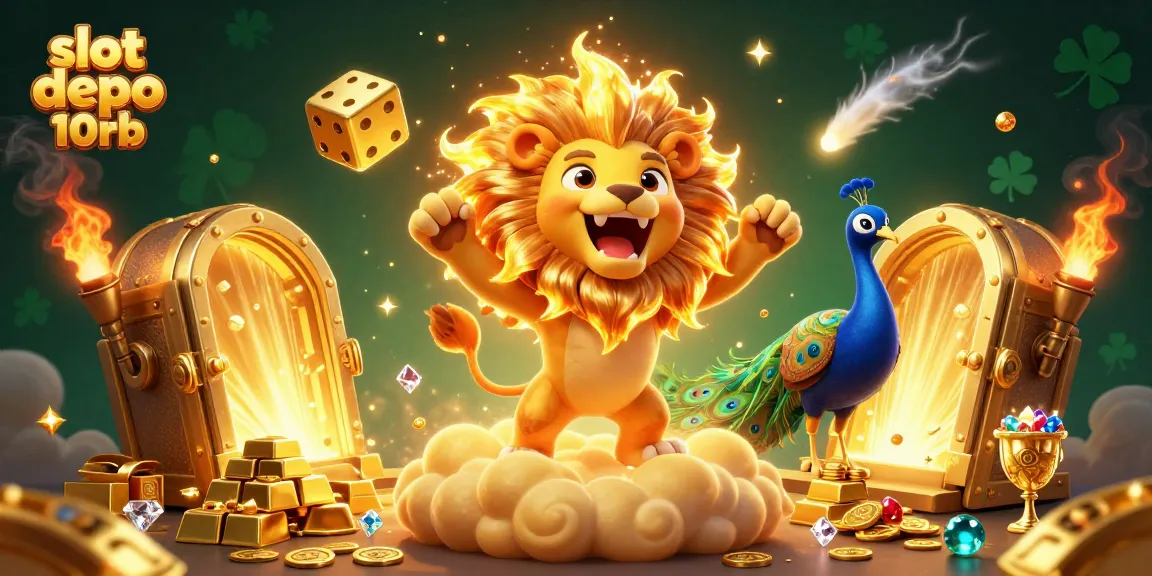 Spin big wins with slot depo 10rb in a vibrant 3D casino illustration filled with gold and jewels.