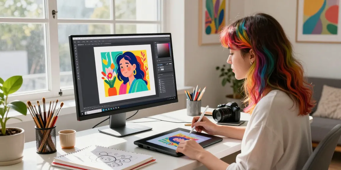 Artist using Nano Banana AI image editor in creative workspace with vibrant digital art.