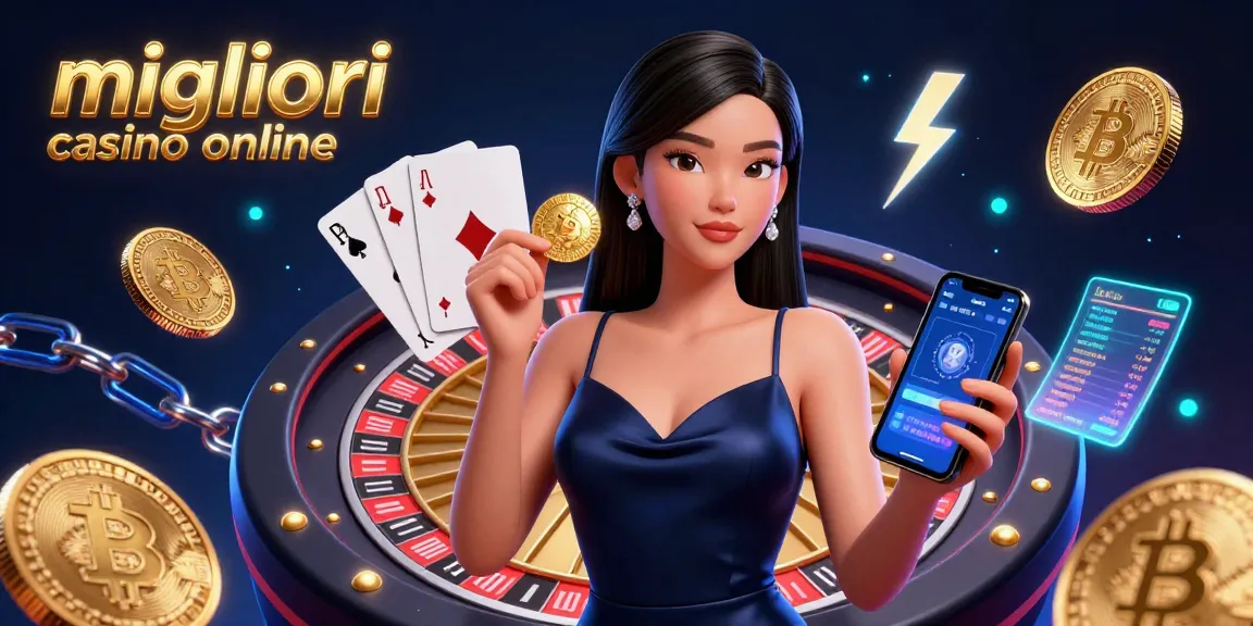 Giocando con i migliori casino online, una donna straordinaria tiene un chip e uno smartphone tra simboli di casinò vibranti.