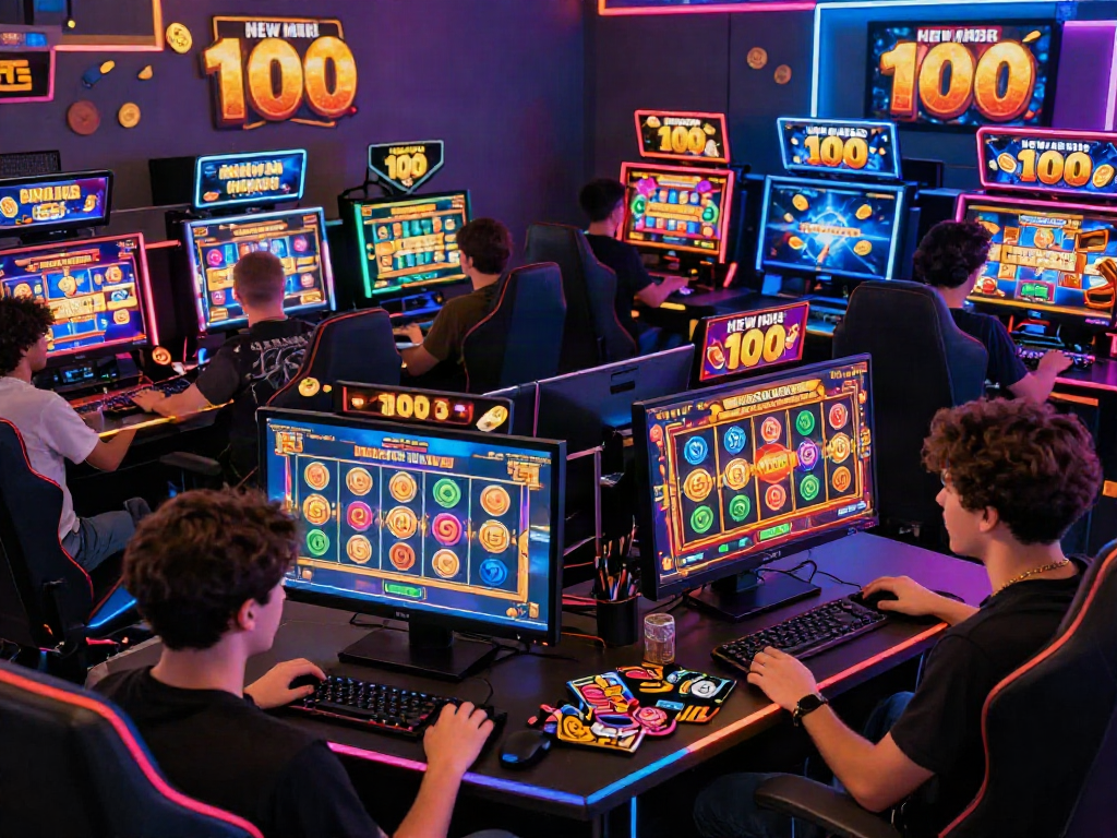 Engaging online gaming scene with players exploring slot bonus new member 100 promotions and vibrant slot games.