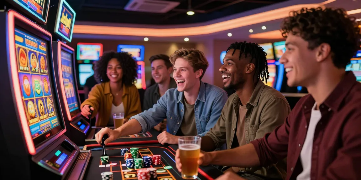 Excited friends celebrating at the slot machine while exploring login hero138 opportunities in a vibrant casino atmosphere.