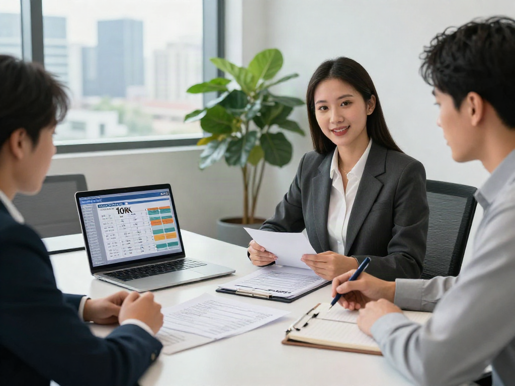 Clients discussing how to deposit 10k in real estate with agent in a modern office.