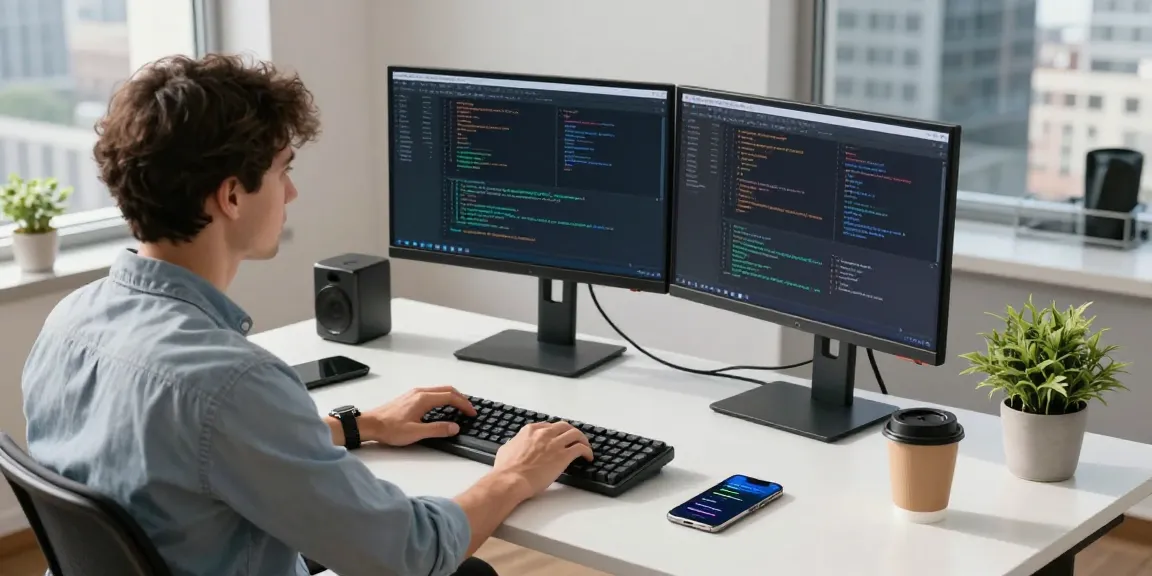 快连 network optimization workspace with a developer coding on dual monitors in a modern office.