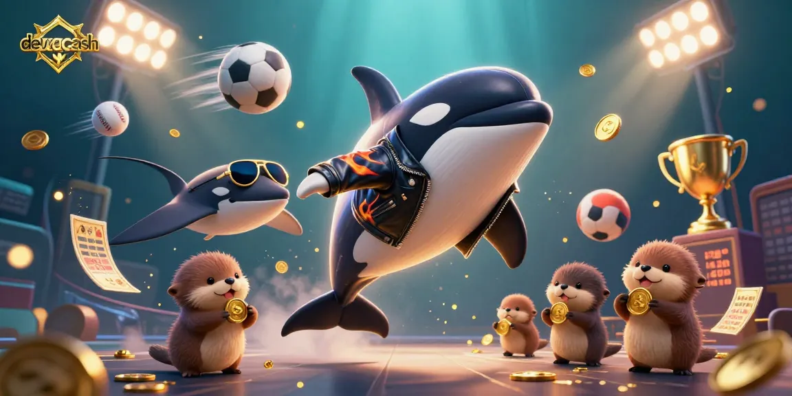 Dewacash offers thrilling sports betting action with an orca in a leather jacket and sea otters enjoying gold coins.