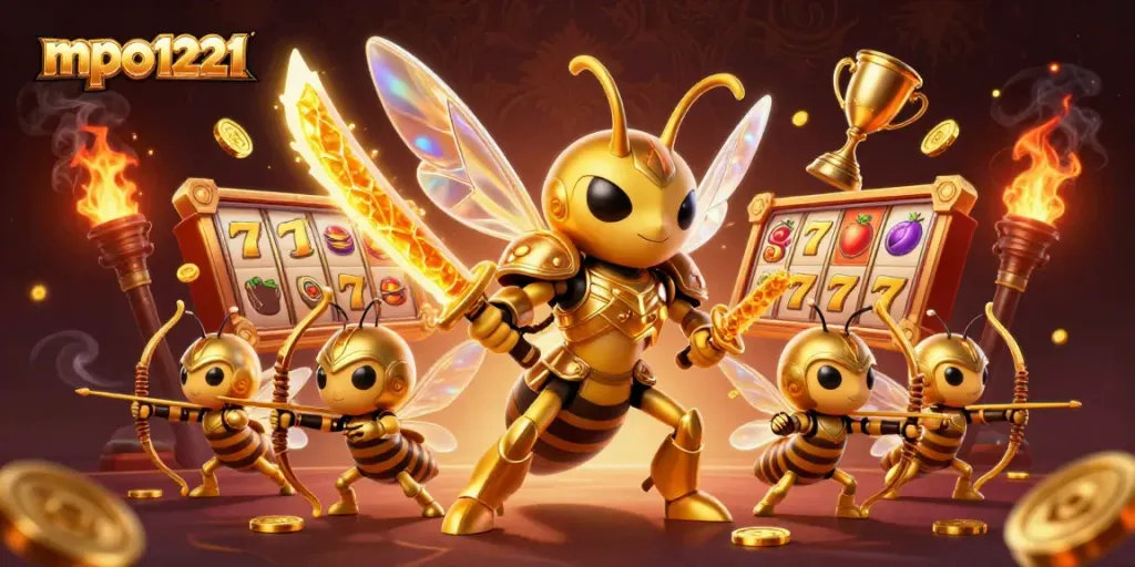 Play and win with mpo1221 featuring dynamic characters, slot reels, and vibrant casino elements.