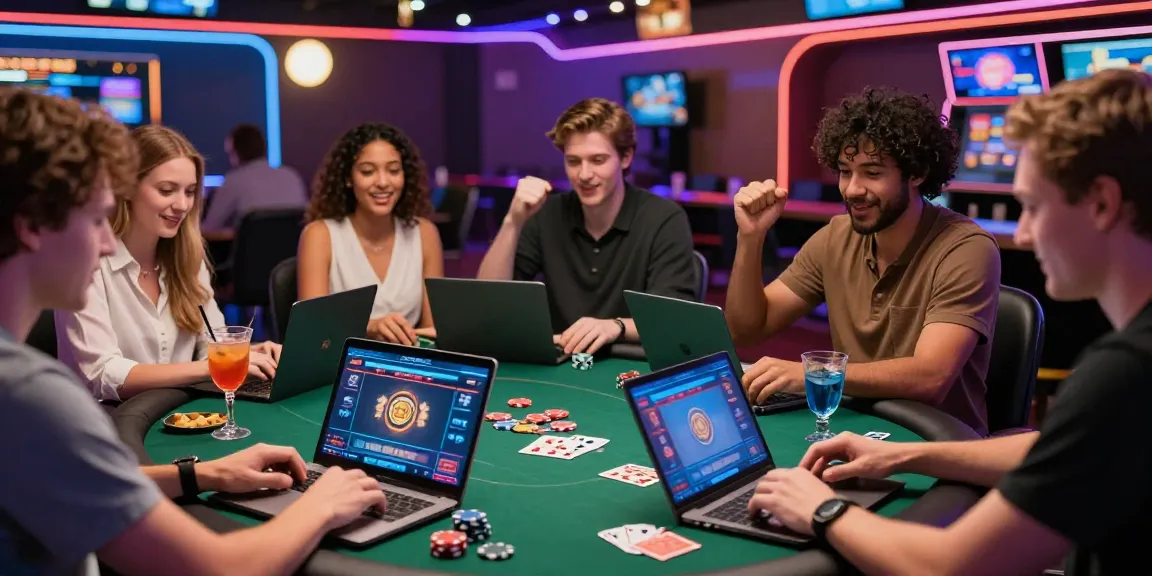 Exciting gameplay at online casinos Australia with diverse players celebrating wins and engaging with vibrant gaming interfaces, showcasing a lively casino atmosphere.