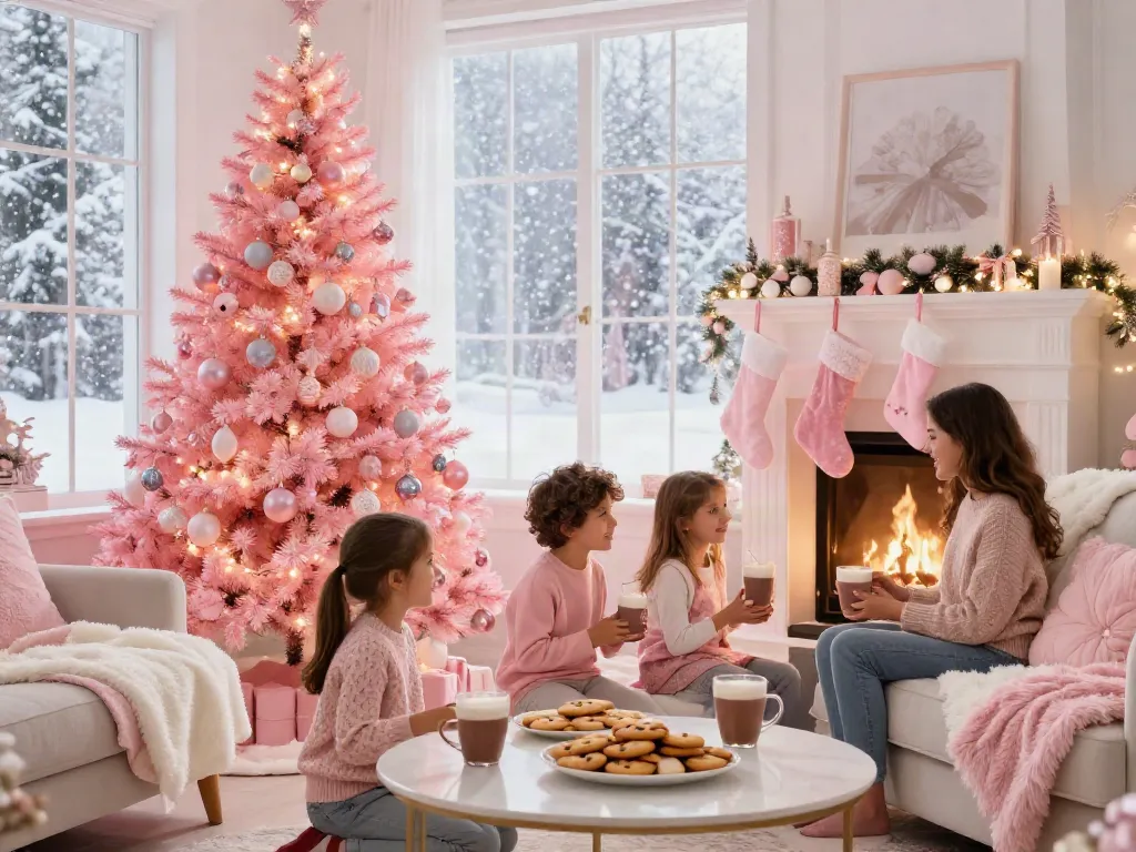 Cheerful living room with a pink xmas tree and family holiday decorations.