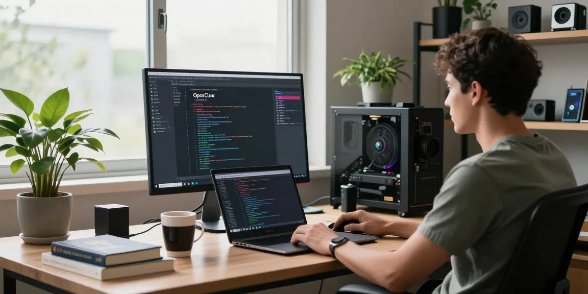 Developer utilizing OpenClaw in a modern workspace with coding tools and natural light.