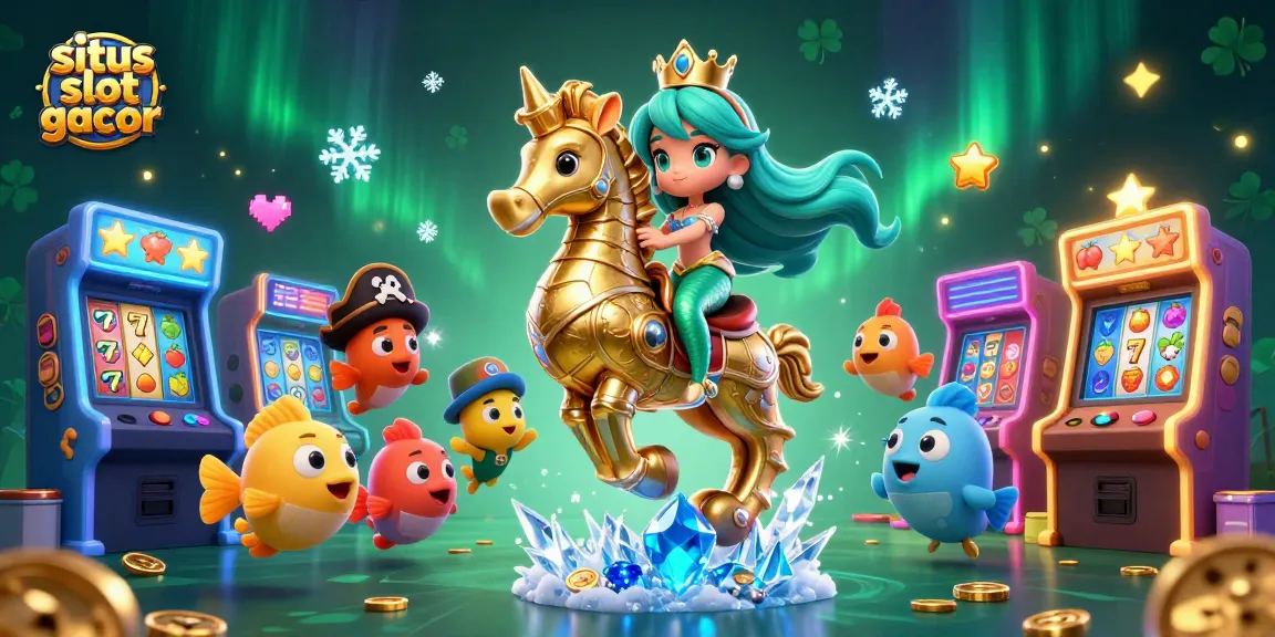 Win big on situs slot gacor with a vibrant 3D mermaid scene filled with slot reels and arcade games.