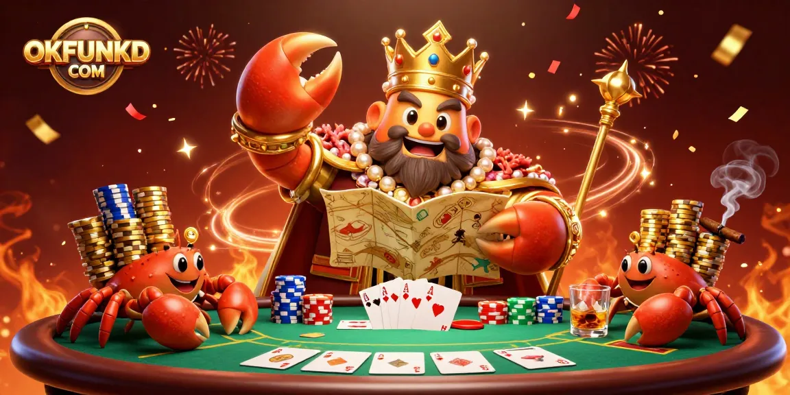 Experience the excitement of OKFUNKD COM with a vibrant casino scene featuring a golden crab emperor and poker elements.