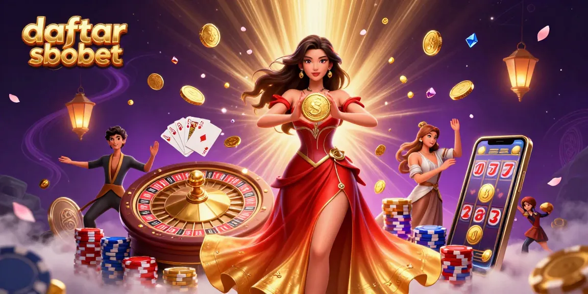 Engage in daftar sbobet with a stunning Asian character showcasing wealth through golden coins and gems.