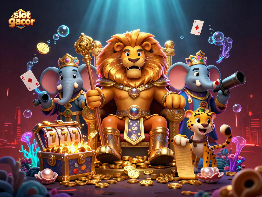 Visualize captivating slot gacor scene featuring a lion king, an elephant, and a cheetah amidst slot reels and treasure.