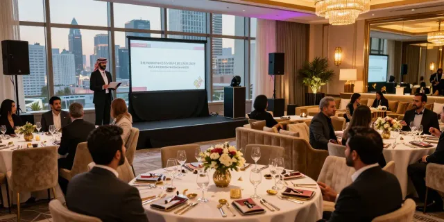 Event rental KSA showcasing a luxurious corporate gathering with elegant décor and AV setup.