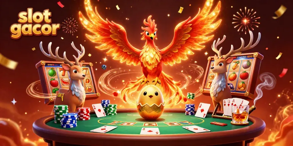 Experience thrilling moments with slot gacor as fire phoenix and baby emerge in a vibrant casino scene.