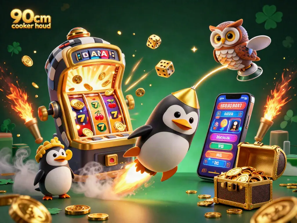 Engage with the thrilling 90cm cooker hood illustration of a golden penguin launching toward a casino as coins spill from a jackpot.