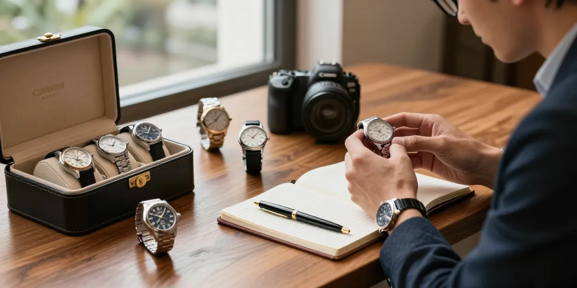 Examining luxury replica watches on a polished table with warm, inviting light.
