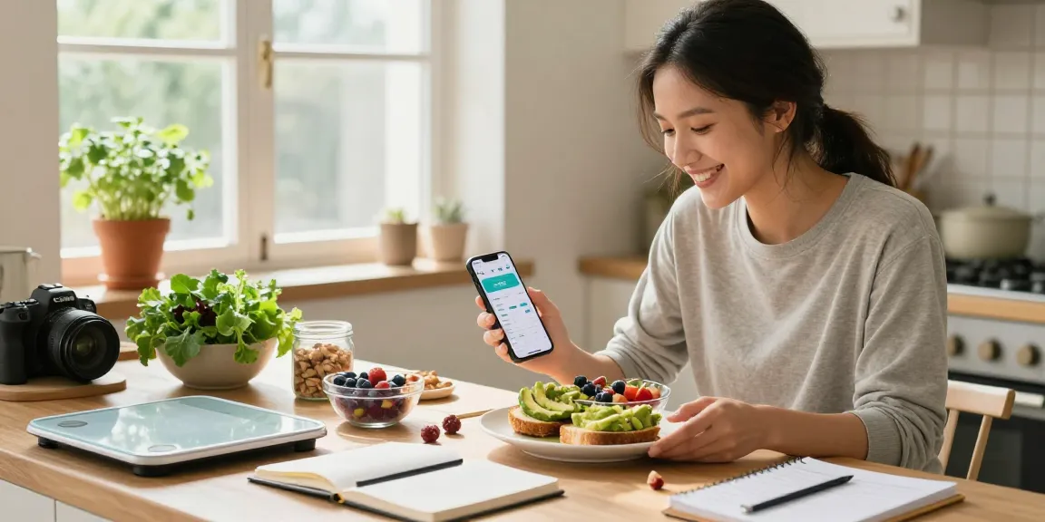 Tracking a healthy meal with the best AI calorie tracker in a bright kitchen.