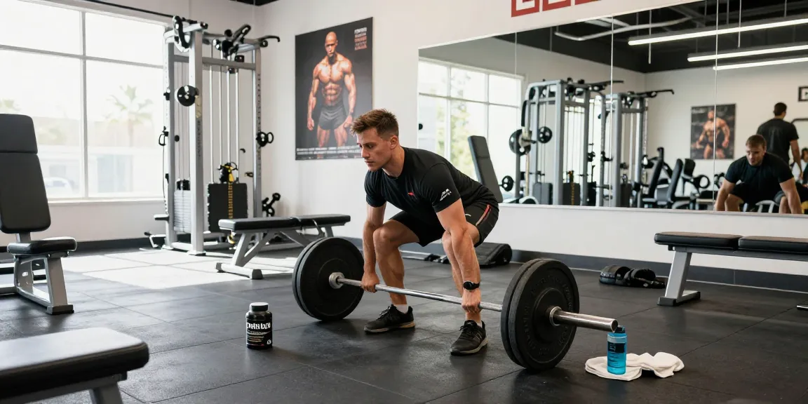 Driada Shop fitness supplement scene with athlete lifting weights, showcasing dedication and quality.