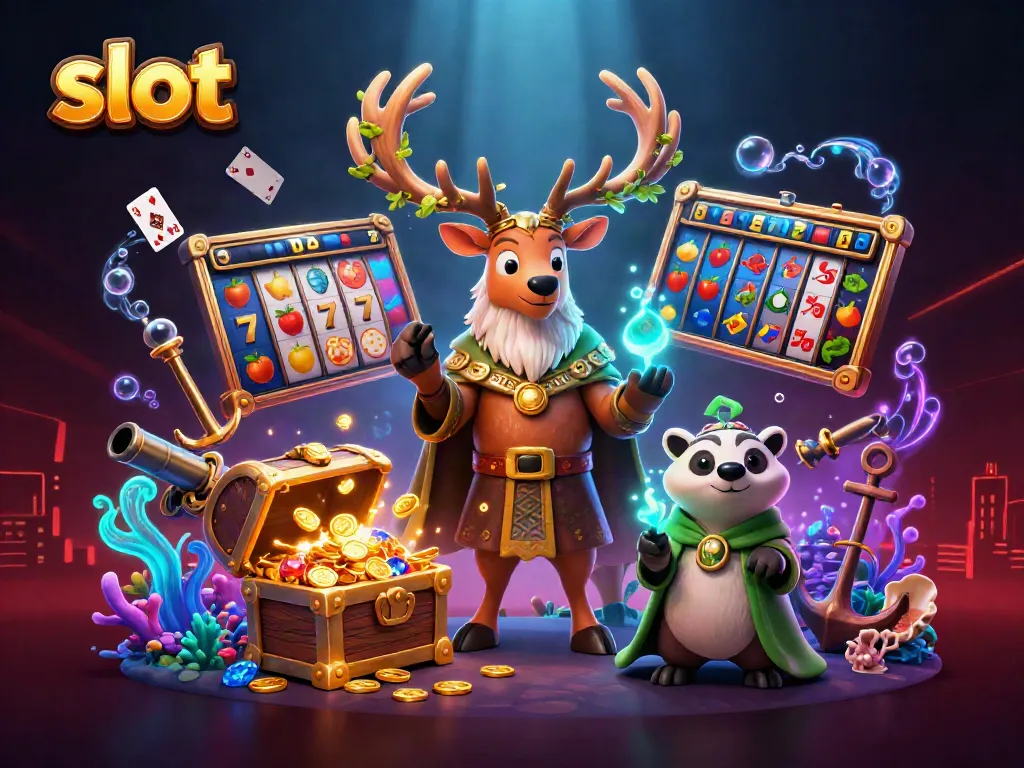 Experience thrilling slot gameplay with enchanting characters and vibrant casino elements in this dynamic illustration.