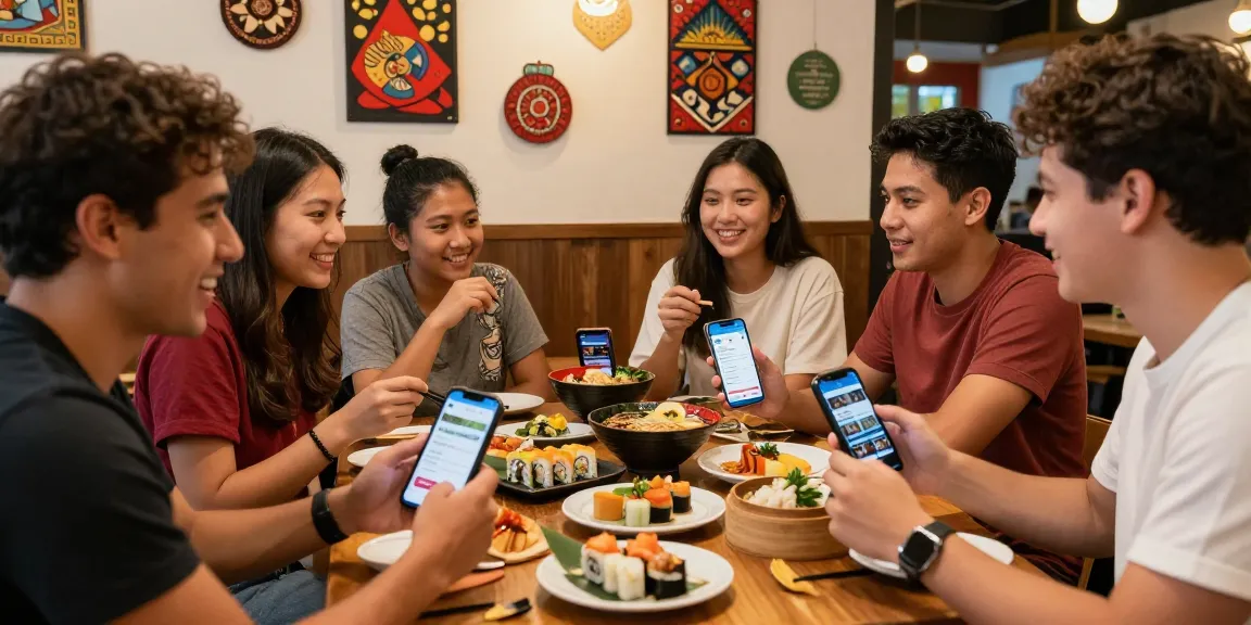Engaging group of friends discussing Asian culture with dishes at cafe, incorporating https://hanadultalk.com in their conversation.