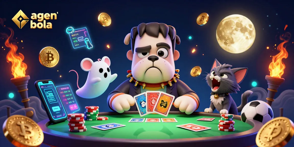 Experience sports betting with agen judi bola featuring a 3D cartoon bulldog dealer and colorful game elements.