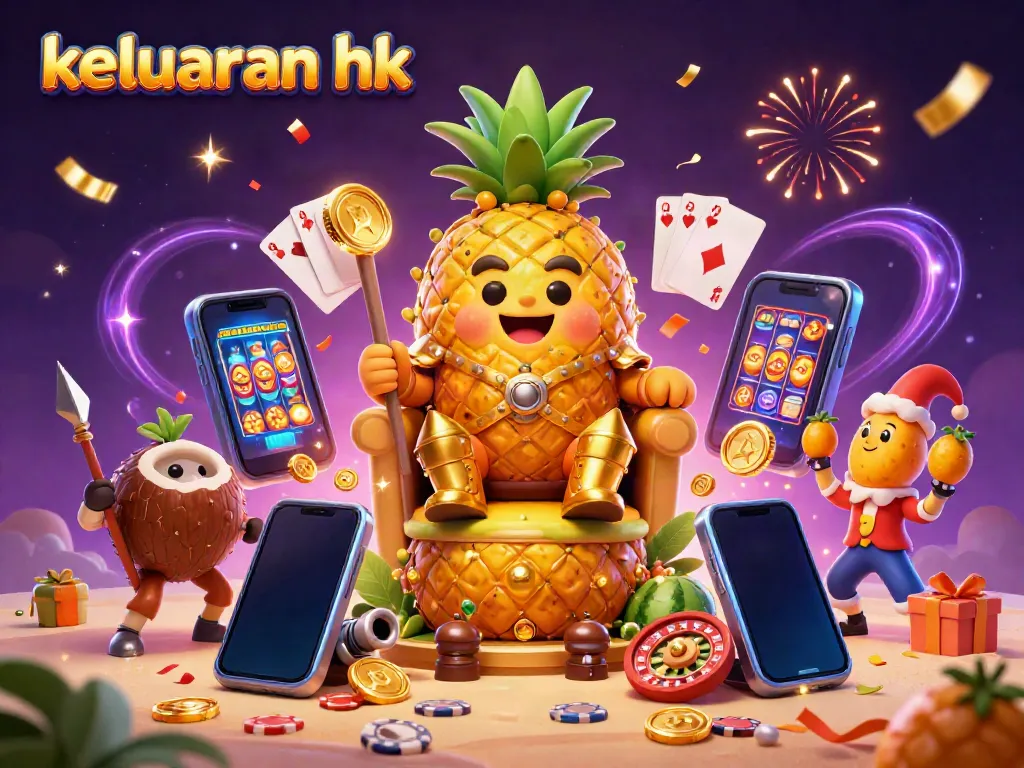Ilustrasi kasino 3D menampilkan keluaran hk dengan karakter utama raja nanas emas dan elemen permainan menarik.