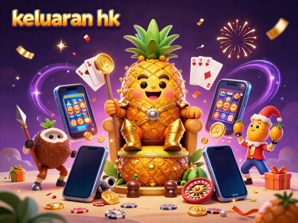 Ilustrasi kasino 3D menampilkan keluaran hk dengan karakter utama raja nanas emas dan elemen permainan menarik.