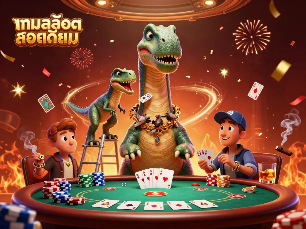 Experience the excitement of เกมสล็อตยอดนิยม with a cartoon brontosaurus in a vibrant casino scene.