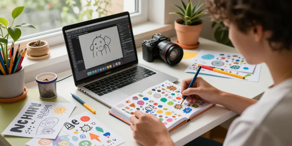 Creating a reusable sticker book design with colorful stickers and art tools in a bright workspace.