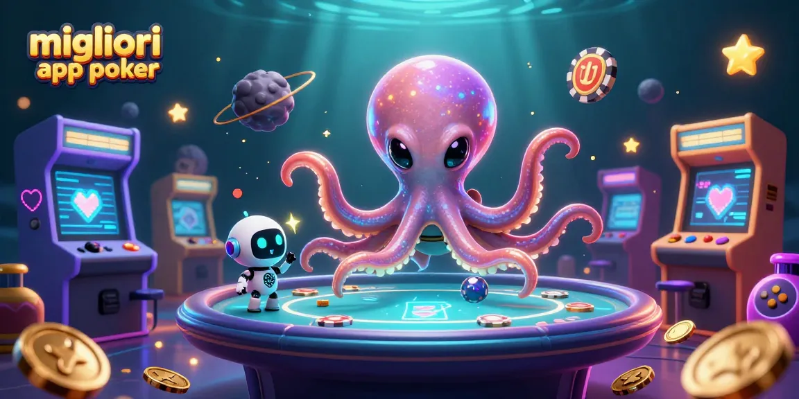 Migliori app poker: un polpo alieno che gestisce un tavolo da poker olografico accompagnato da un robot in un'illustrazione vivace.