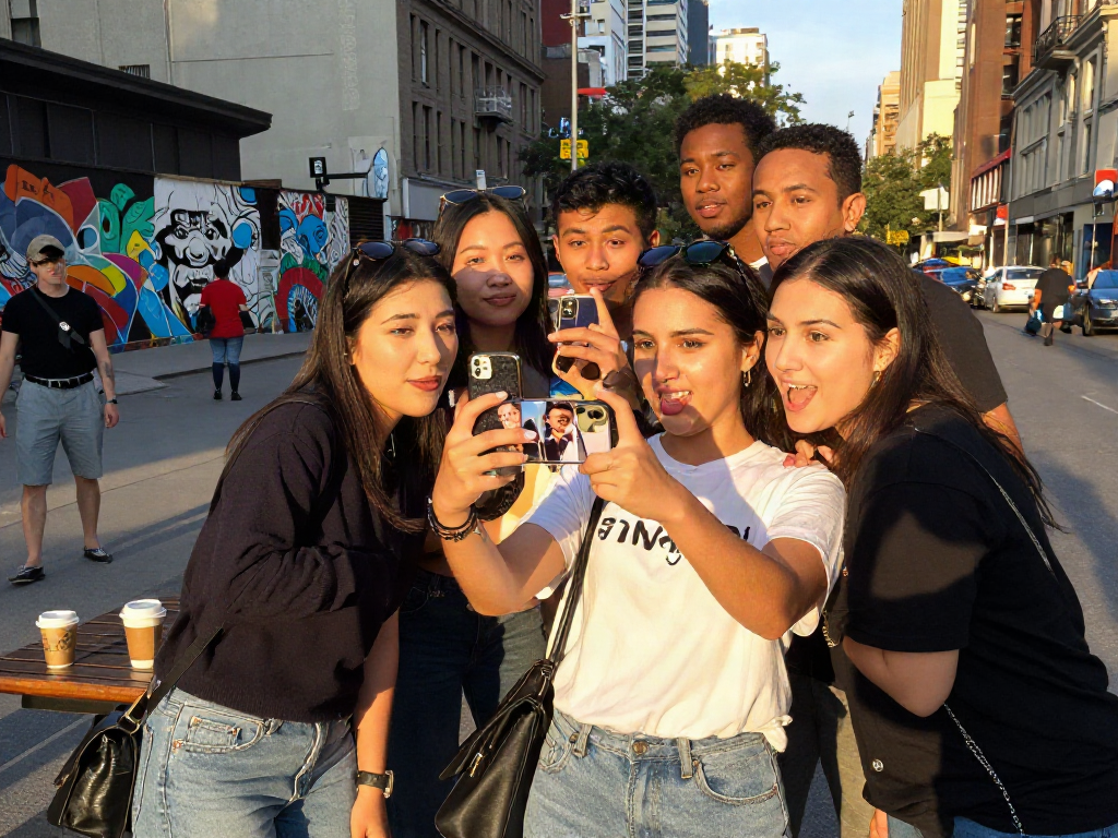A diverse group of friends using a smartphone in an urban setting to find out who looks like a celebrity.