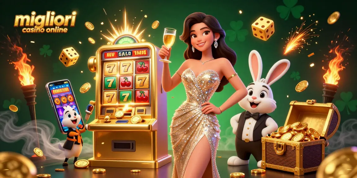 Migliori casino online con una donna glamour che brinda accanto a una macchina slot jackpot, catturando l'essenza dell'emozione del gioco.