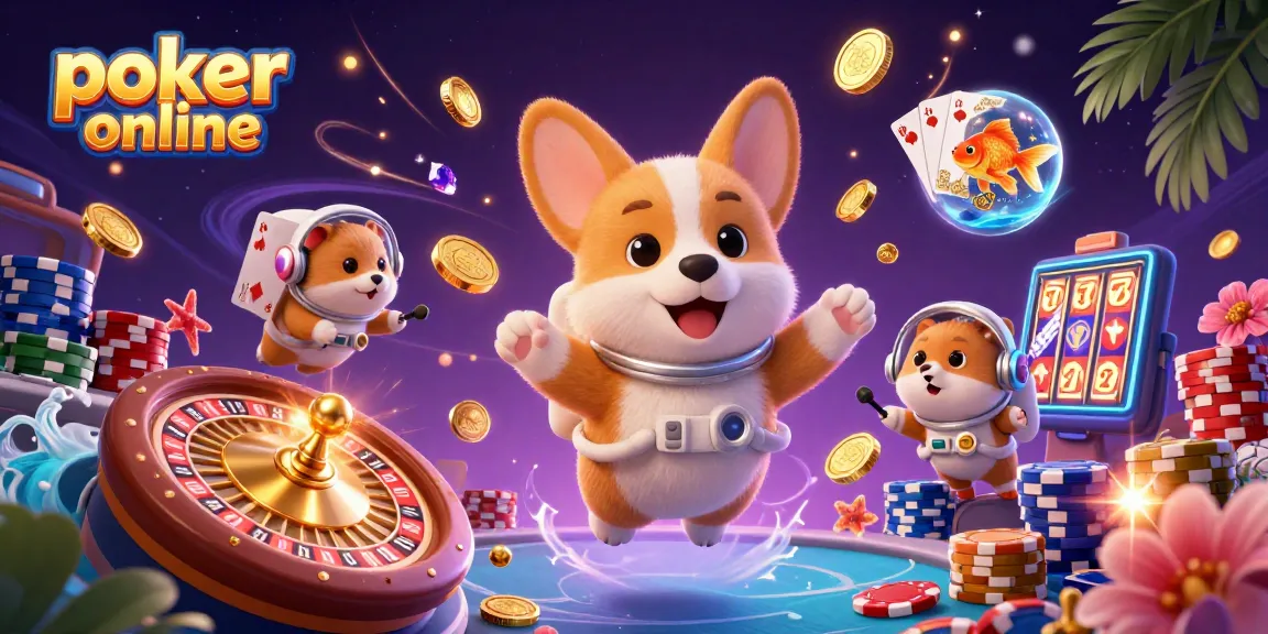 Jouez au poker en ligne avec des personnages 3D colorés dans un casino spatial, entourés de jetons et de pièces dorées.