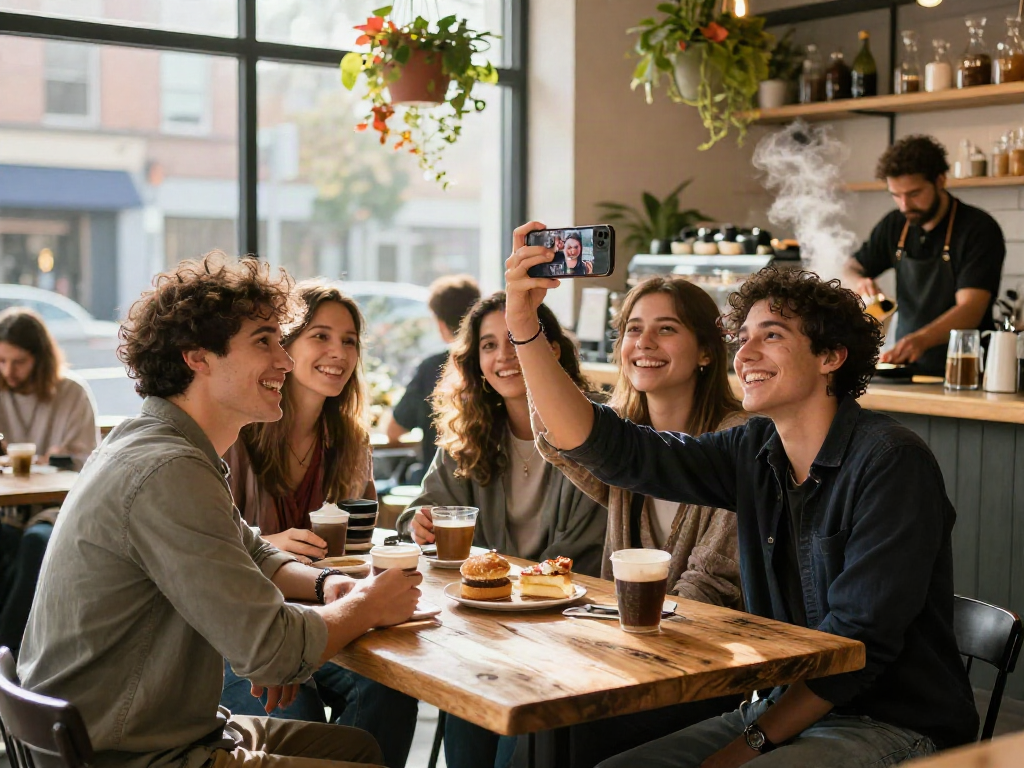 Group of friends enjoying café time, discovering how old do I look through a fun selfie photo filter experience.