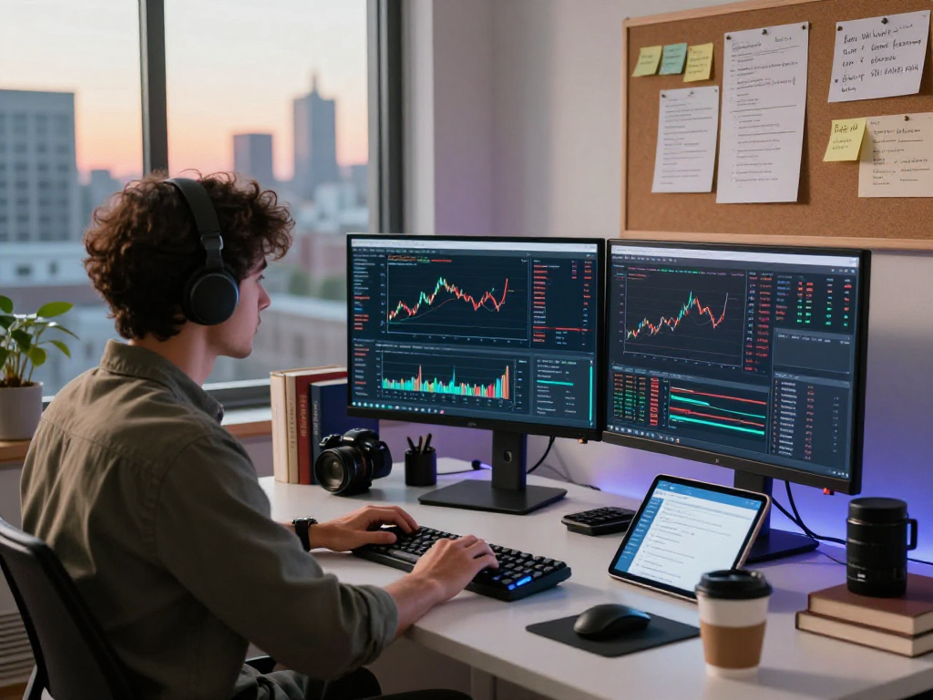 Developer analyzing futures high frequency tick API data in a modern office with coding screens and city view.