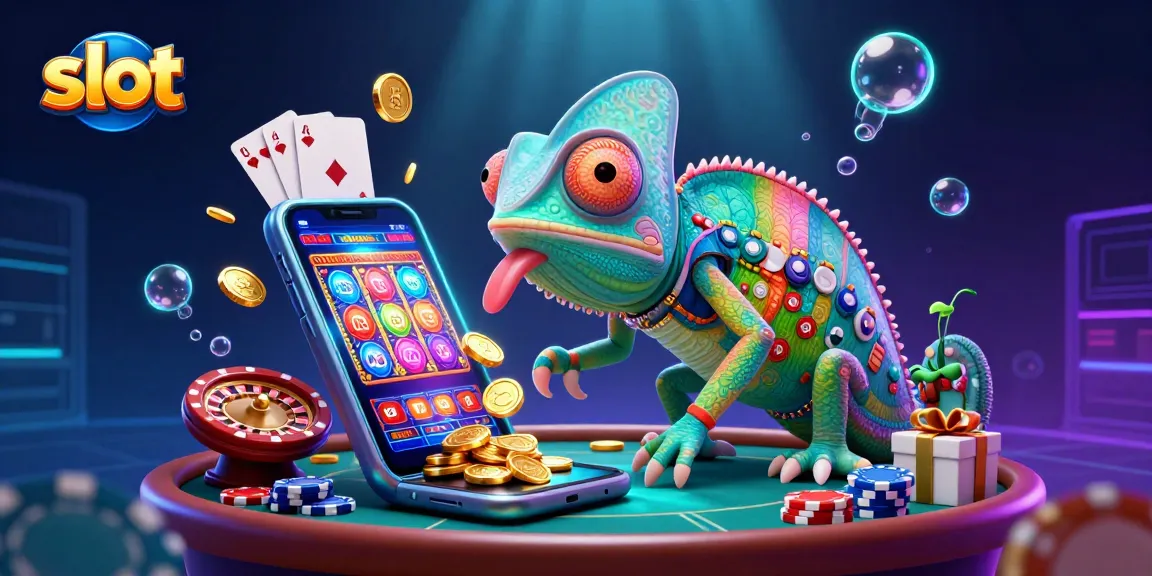Spin the slot reels with the chameleon casino owner surrounded by vibrant gambling elements.