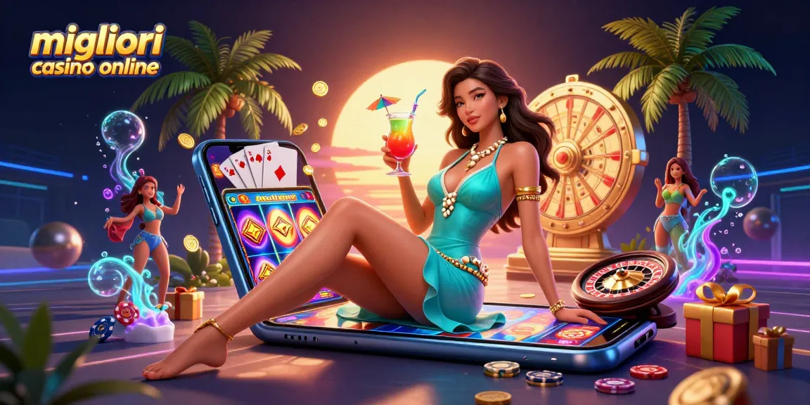 Vivi l'emozione dei migliori casino online con un'impostazione glamour che presenta un cocktail e elementi colorati di giochi di slot.