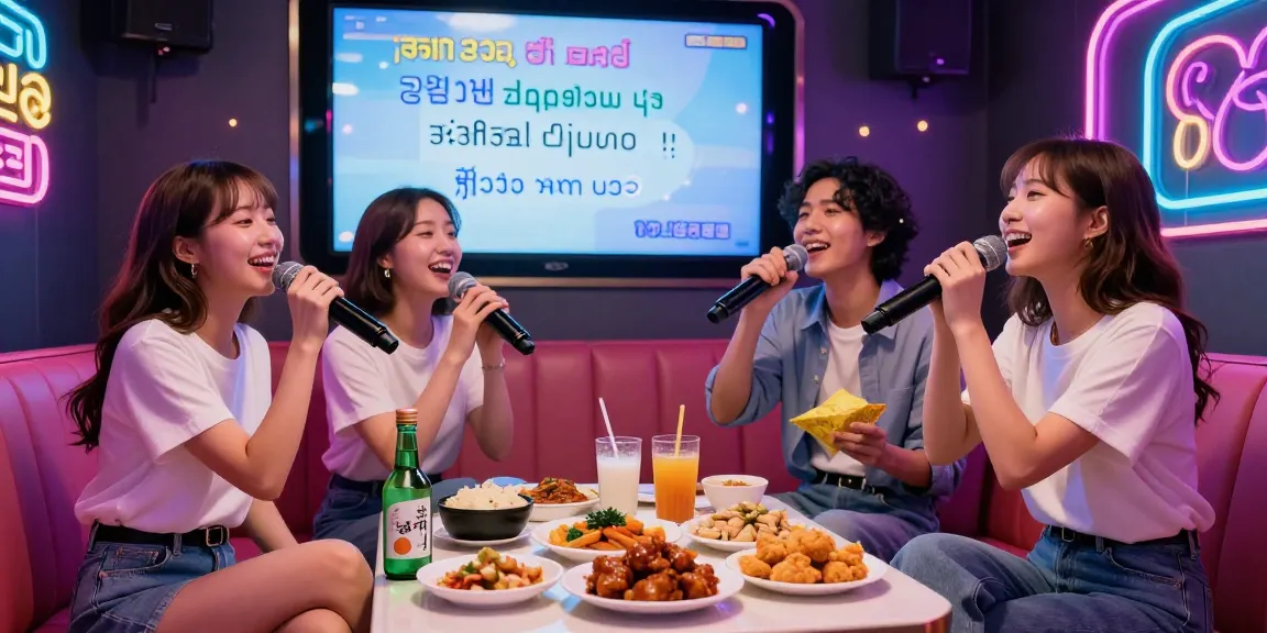 Group enjoying 강남노래방 in vibrant karaoke room with food and drinks.