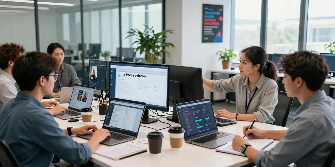 Team analyzing images with an ai image detector in a modern office setting.