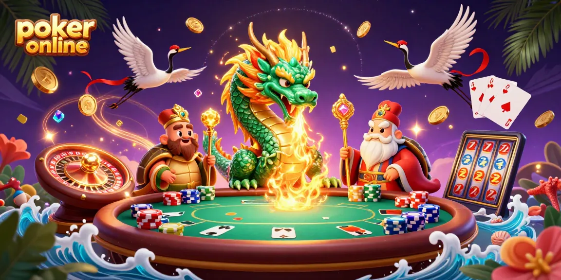 Jouez au poker en ligne avec des éléments fascinants, comme un dragon et des crânes chanceux.