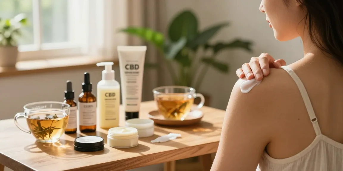 Applying CBD topicals for pain relief and skincare, buy-hemp-topicals-online options displayed.